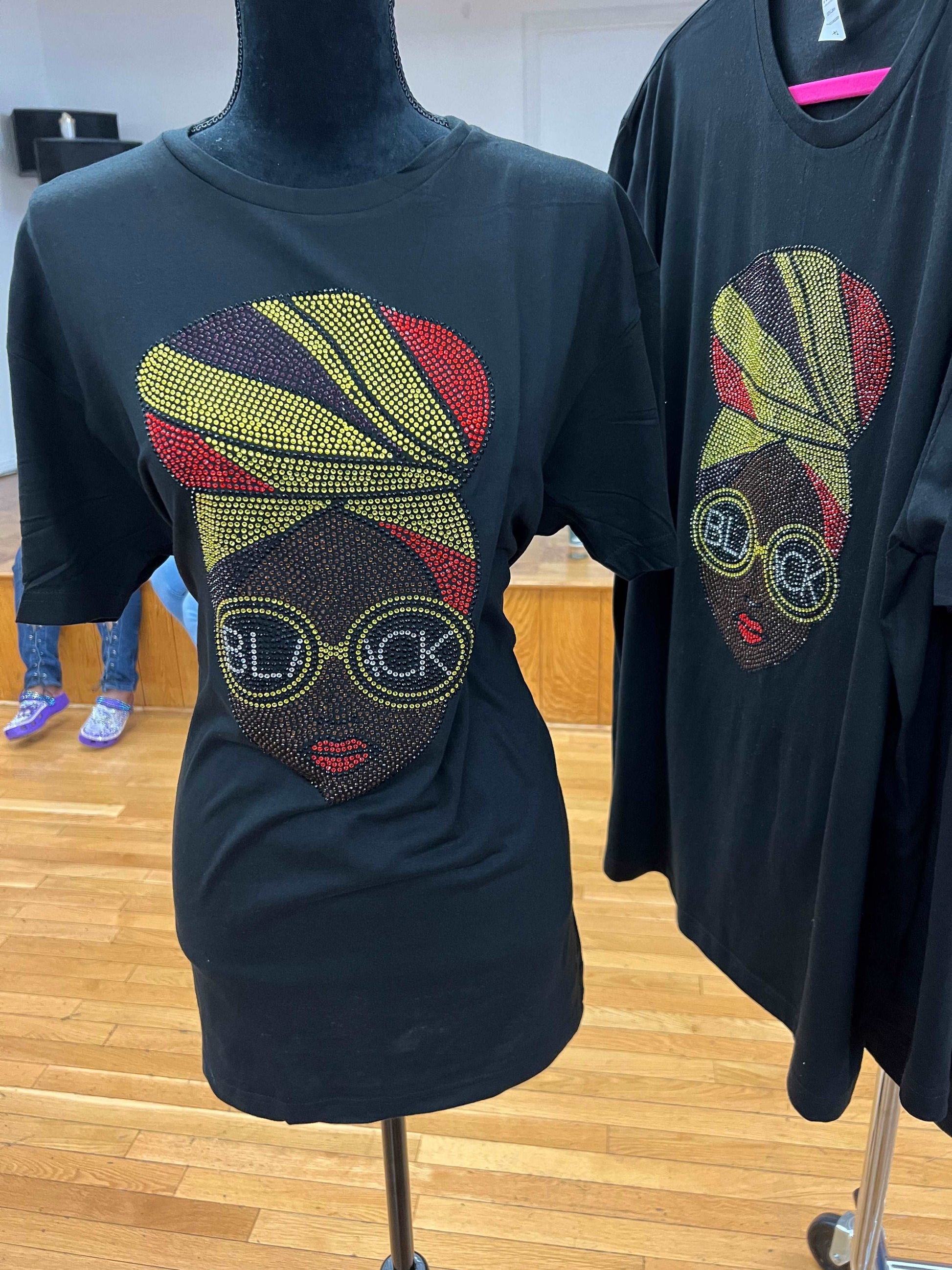 Black Head wrap Rhinestone T shirt